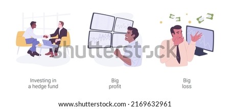 Hedge fund isolated cartoon vector illustrations set. Investing in hedge fund, businessman talking investment advisor, happy trader get a big income, money loss on stock market vector cartoon.