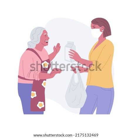 Helping older generation isolated cartoon vector illustrations. Active citizen gives food to old people, responsible attitude, social help, volunteering during pandemic vector cartoon.