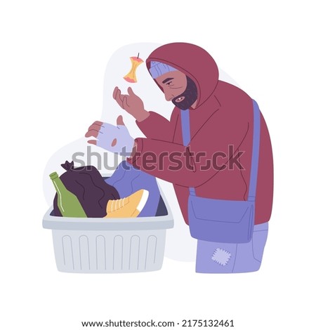 Homeless people isolated cartoon vector illustrations. Homeless beggar rummages through the trash, poor man without housing, city problem, unemployment, social inequality vector cartoon.