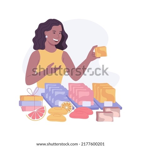 Homemade soap isolated cartoon vector illustrations. Smiling woman selling handicraft soap on the market, small business, personal income, natural cosmetics for sale vector cartoon.