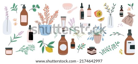 Homeopathy and nature beauty skin vector element. Flower, herbs and skincare packaging  hand drawn doodle design for banner, ads, logo and packaging design.