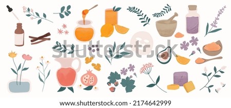 Homeopathy and nature beauty skin vector element. Flower, herbs and skincare packaging  hand drawn doodle design for banner, ads, logo and packaging design.