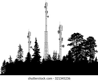 Illustration Antenna Tower Silhouettes Black Forest Stock Vector