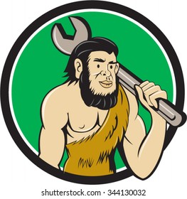 Illustration Neanderthal Man Caveman Carrying Spanner Stock Vector