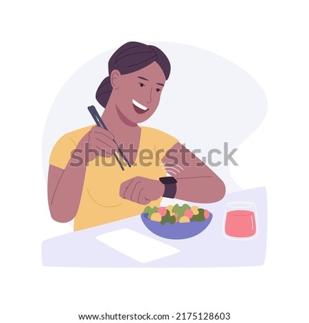 Intermittent fasting isolated cartoon vector illustrations. Woman eating and looking at watch, meal timing schedule, time-restricted fasting, healthy nutrition, weight control vector cartoon.