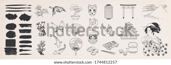 Japanese Doodle Set Japanese Traditional Design Stock Vector Royalty