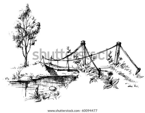 Landscape Suspended Bridge Over River Sketch Stock Vector Royalty Free