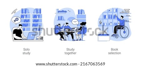 Library isolated cartoon vector illustrations set. Solo study, students studying together in university library, books on the shelf, student lifestyle, educational process at college vector cartoon.