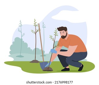 Man Planting Tree Garden Vector Flat Stock Vector Royalty Free