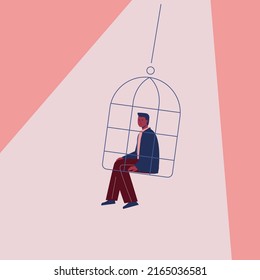 Man Sitting Cage Symbol Depression Loneliness Stock Vector Royalty