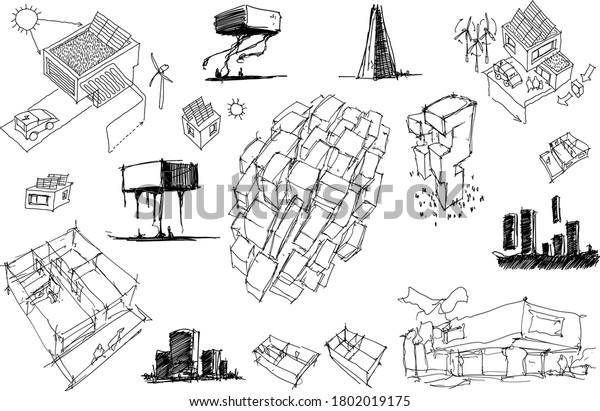 Many Hand Drawn Architectectural Sketches Modern Stock Vector Royalty