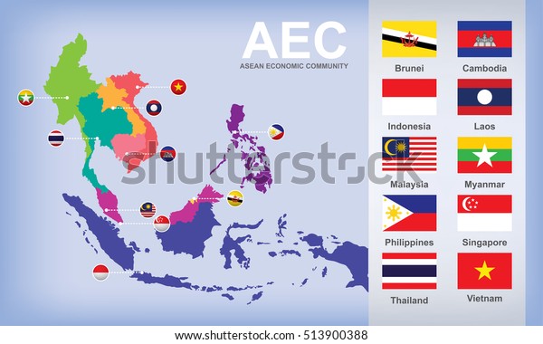 Map Aec Asean Economic Community Flags Stock Vector Royalty Free