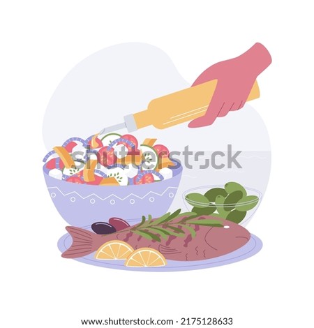 Mediterranean diet isolated cartoon vector illustrations. Girl making vegetable salad, preparing Mediterranean meal, healthy nutrition, cooking food at home, fish on the table vector cartoon.