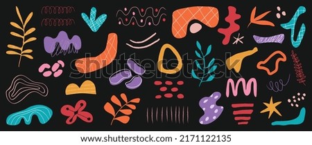 Minimalist abstract art shapes vector collection. Set of doodle elements, hand drawn organic shape, leaf, flowers. Minimal style element on dark background for decoration, ads, prints, branding.
