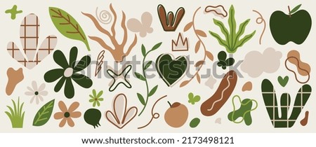 Minimalist abstract art shapes vector collection. Set of doodle elements, hand drawn organic shape, leaf, branches. Minimal style element with earth tone color for decoration, ads, prints, branding.