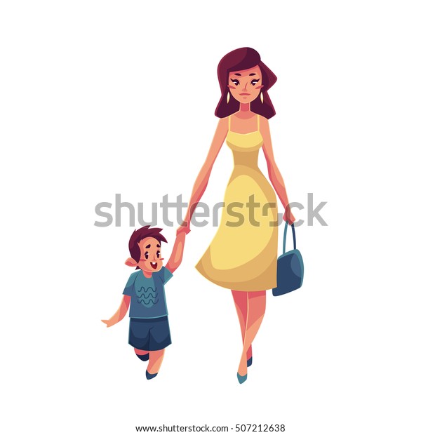 Mother Son Walking Together Cartoon Vector Stock Vector Royalty Free