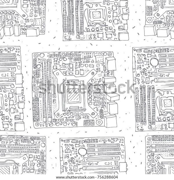 Motherboard Hand Drawn Seamless Pattern Electronic Stock Vector