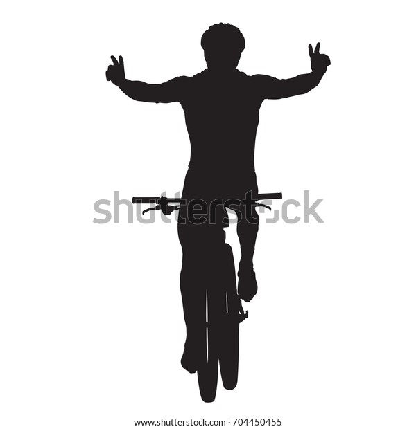 Mountain Biker Celebrates And Crosses Finish Line Vector Silhouette