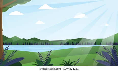 Mountain Lake Landscape Vector Illustration Cartoon Stock Vector