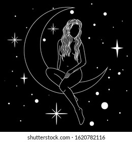 Naked Woman Sitting On Moon Trendy Vector De Stock Libre De Regal As