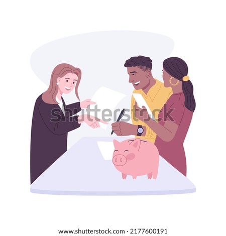 Open saving account isolated cartoon vector illustrations. Young couple opening saving account in bank, business people, making a deposit, money investment, moneybox on the table vector cartoon.