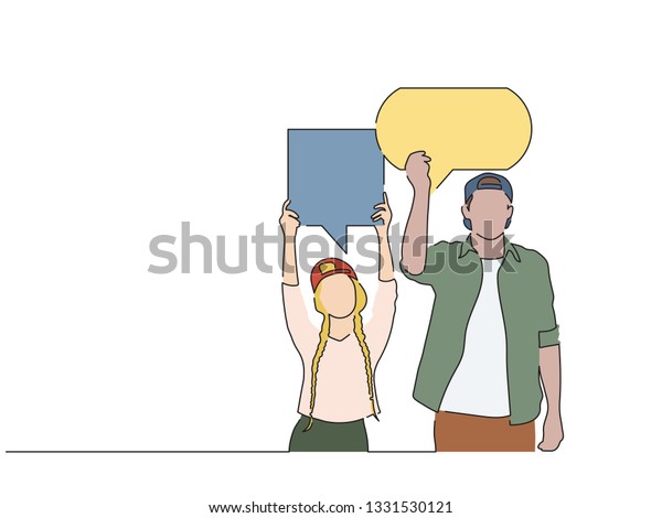 People Holding Banner Isolated Drawing Vector Stock Vector Royalty