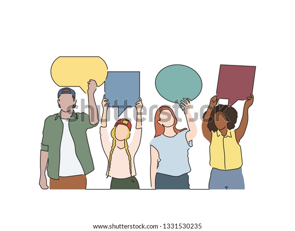 People Holding Banner Isolated Drawing Vector Stock Vector Royalty