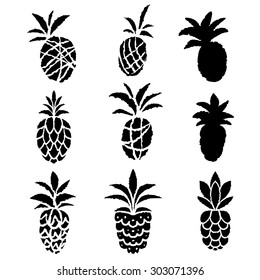 Pineapples Set Black Silhouettes Hand Drawn Stock Vector Royalty Free