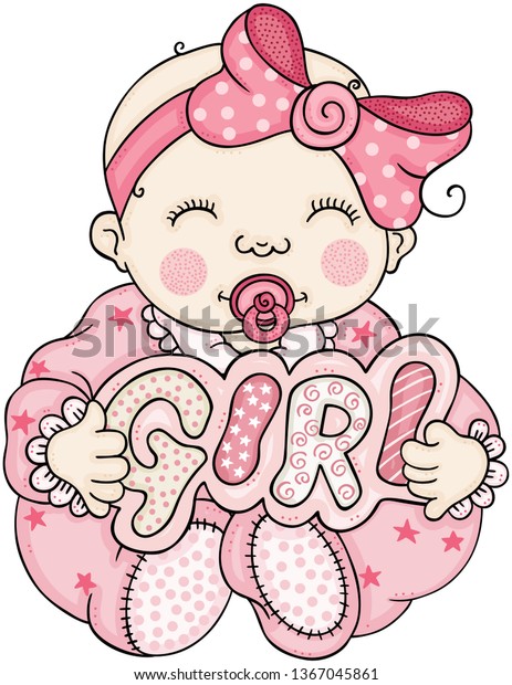 Pink Baby Holding Signboard Word Girl Vetor Stock Livre De Direitos