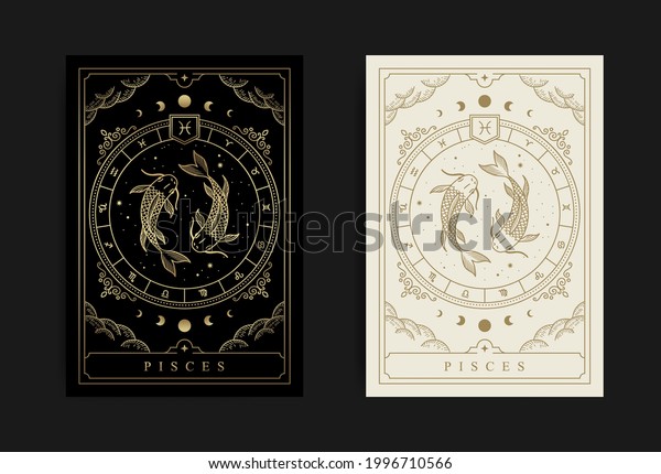 Símbolo zodiaco Pisces con grabado dibujado vector de stock libre de