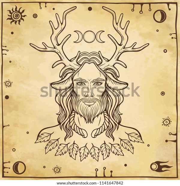 Portrait Horned God Cernunnos Mysticism Esoteric Stock Vector Royalty