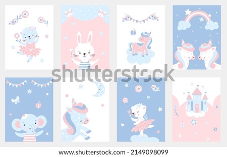 Postcard with cute animals. Cartoon greeting postcards, baby born shower posters. Unicorn, elephant, ballerina animal. Notebook nowaday vector covers