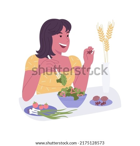 Raw eating isolated cartoon vector illustrations. Smiling girls eating delicious vegetable salad, raw food recipe, healthy nutrition, dieting process, fresh ingredients vector cartoon.