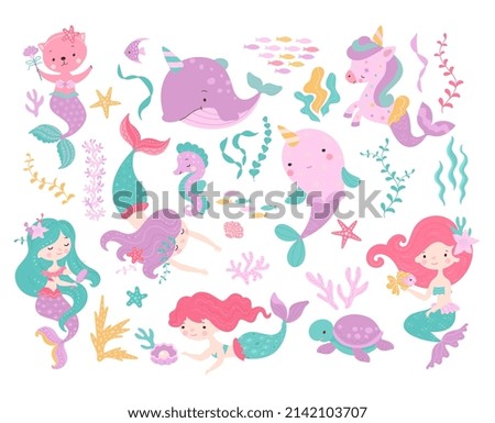 Sea cartoon unicorn. Mermaid character, fish and seahorse. Cartoon cat with mermaids tail, underwater turtle and creature. Mythical nowaday vector sea kit