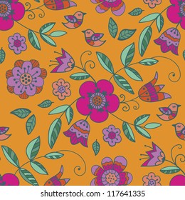 Seamless Floral Pattern On Orange Background Stock Vector Royalty Free