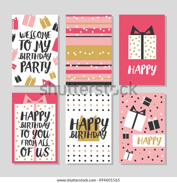 Set Of Cute Creative Cards Templates With Happy Birthday Theme Design