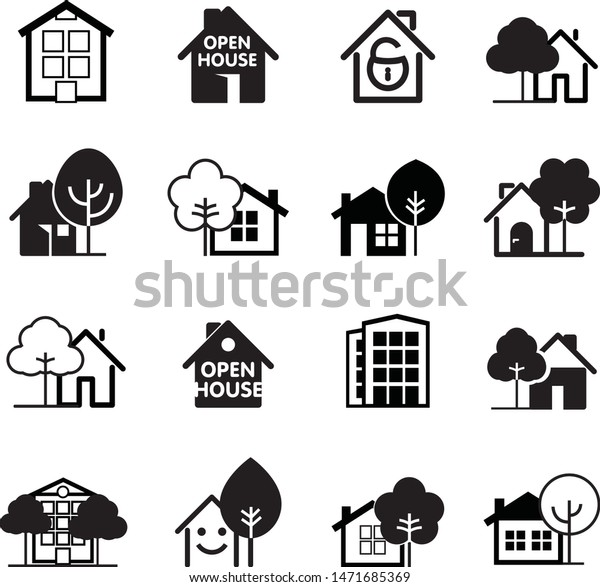 Set Black House Icons Buildings Line Stock Vector Royalty Free