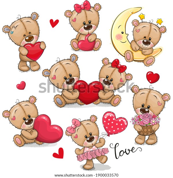 Set Of Cute Cartoon Teddy Bear On A White Background