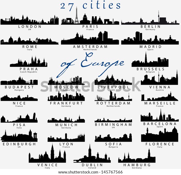 Detaillierte Vektorsilhouetten Europ Ischer St Dte Stock Vektorgrafik