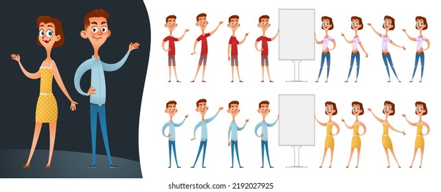 Set Funny Cartoon Man Woman Presenting Stock Vector Royalty Free