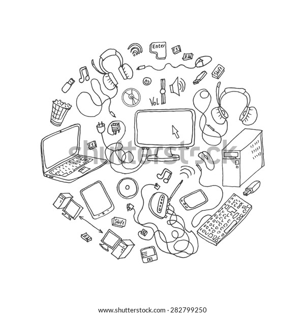 Set Hand Drawn Doodles Electronic Gadget Stock Vector Royalty Free