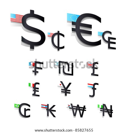 Set International Currency Symbols Flags Stock Vector Royalty Free