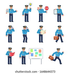 Set Policeman Characters Showing Various Actions Stock Vector Royalty