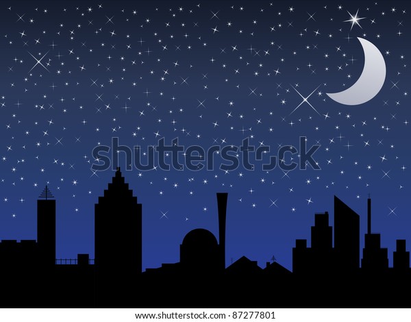 Silhouette City Night Sky Stars Moon Stock Vector Royalty Free