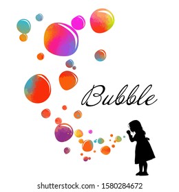 Silhouette Girl Blowing Soap Bubbles Invitation Stock Vector Royalty