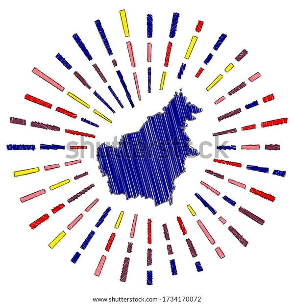 Sketch Map Of Borneo Sunburst Around The Island In Flag Colors Hand