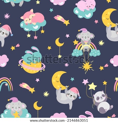 Sleeping animals background. Cute animal sleep, baby night dream fabric print. Cartoon rabbit fox, cute koala sloth on moon and clouds nowaday vector seamless pattern