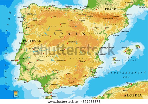 Spain Physical Map Stock Vector Royalty Free