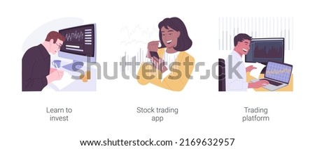 Stock trade isolated cartoon vector illustrations set. Learn to invest money, stock exchange market for beginners, stock trading app, use online trading platform, diagram on screen vector cartoon.