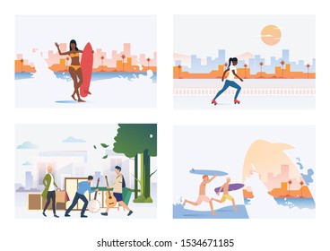 Winter Activities Collection People On Posters Stock Vector Royalty